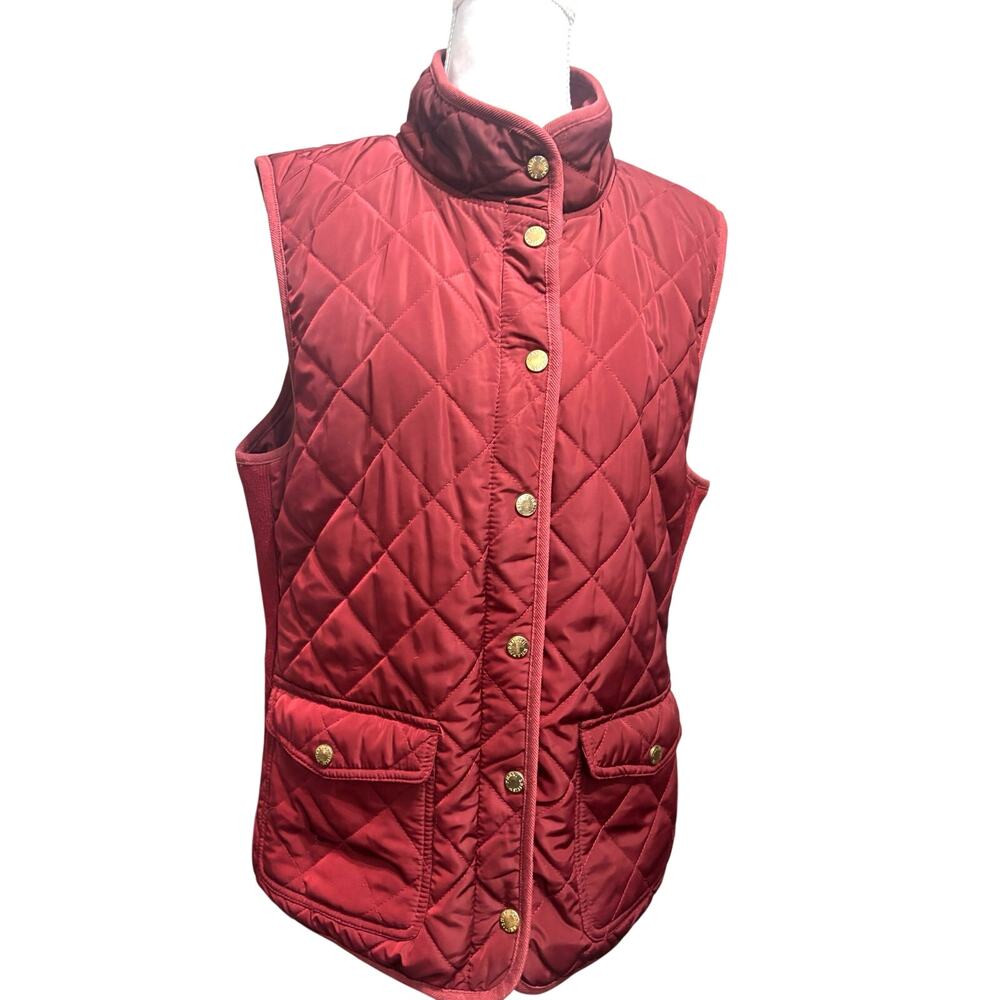 British khaki burgundy quilted vest XL W snap button up pockets equestrian
￼
